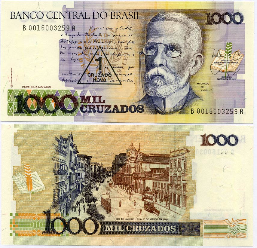 БРАЗИЛИЯ 1 КРУЗАДО 1989 СЕРИЯ В 0016, НАДПЕЧАТКА НА 1000 КРУЗАДО, МАЧАДО ДЕ АССИС Pick 216b бумага UNC (ПРЕСС) 447-34-4-2