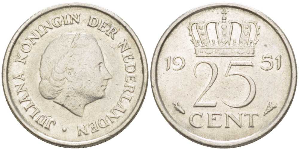 Нидерланды 25 центов 1951 Юлиана (1949-1980) KM 183 никель 214-917