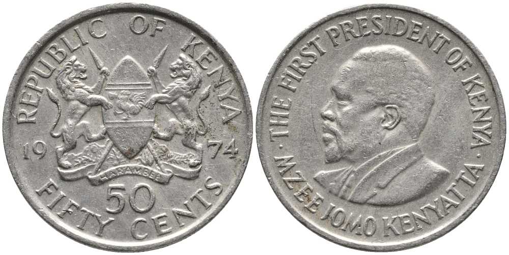 Кения 50 центов 1974 Джомо Кениата KM 13 медно-никель 110-616
