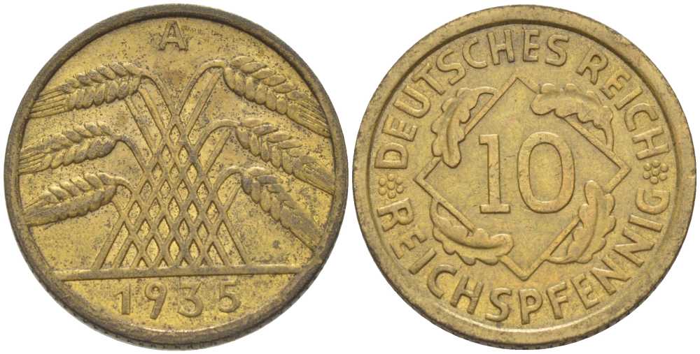 ГЕРМАНИЯ 10 РЕЙХСПФЕННИГОВ 1935 A KM 40, J. 317, Weege 9 алюминиевая бронза 210-421