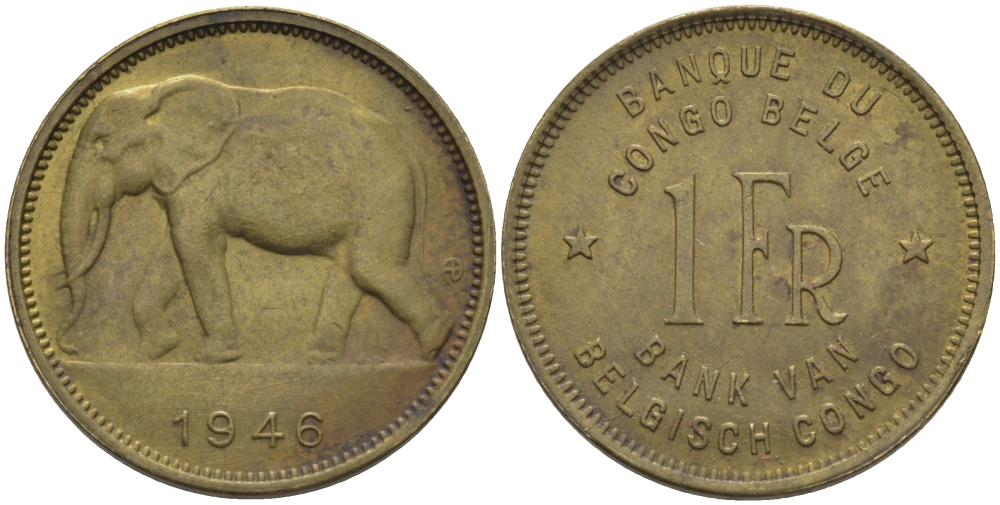 Бельгийское Конго 1 франк 1946 слон, Леопольд III KM 26 латунь 26-768