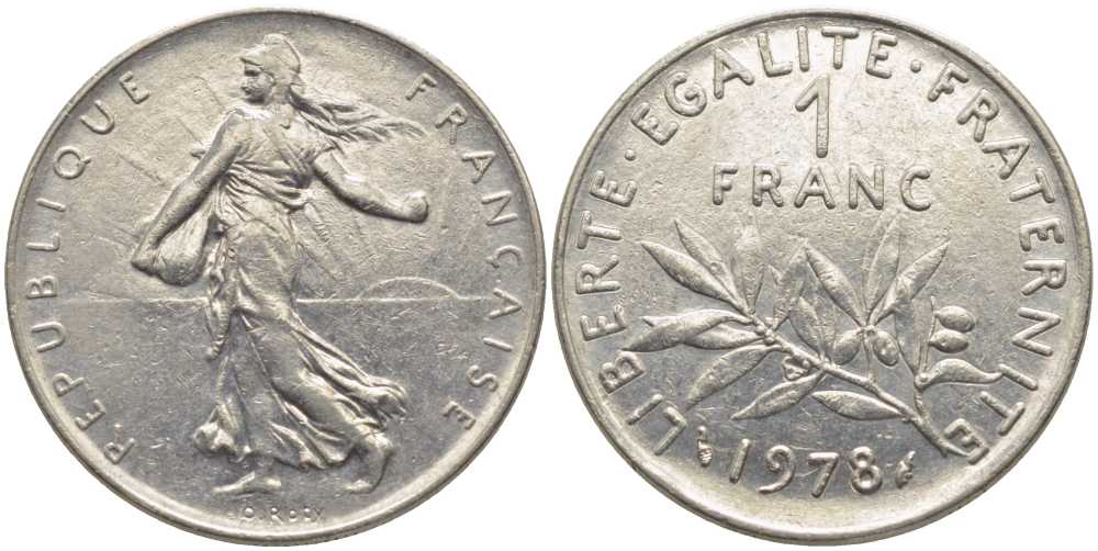 ФРАНЦИЯ 1 ФРАНК 1978 СЕЯТЕЛЬ KM 925.1, LE FRANC 226.23 никель 175-546