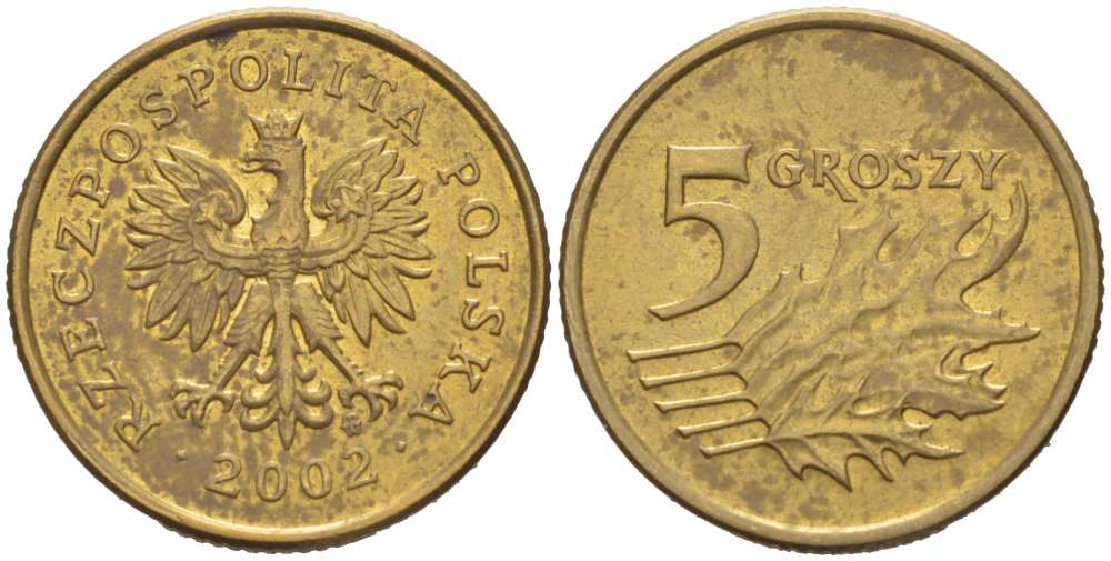 Польша 5 грошей 2002 MW KM 278 латунь 217-617