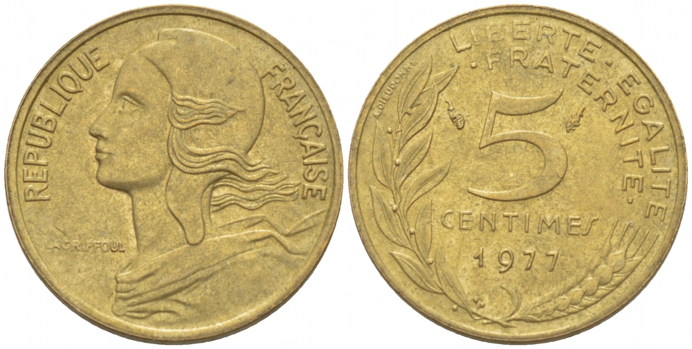 ФРАНЦИЯ 5 САНТИМОВ 1977 ТИП MARIANNE KM 933 медь алюминий никель 3309-1042