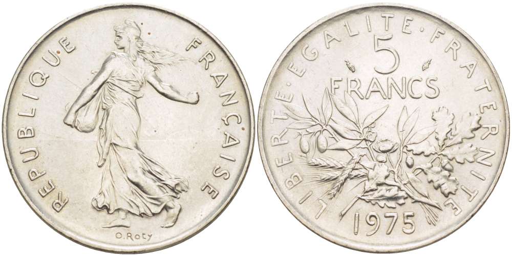 ФРАНЦИЯ 5 ФРАНКОВ 1975 СЕЯТЕЛЬ KM 926a.1, LE FRANC 341.7 медно-никель плакированный никелем 4521-324