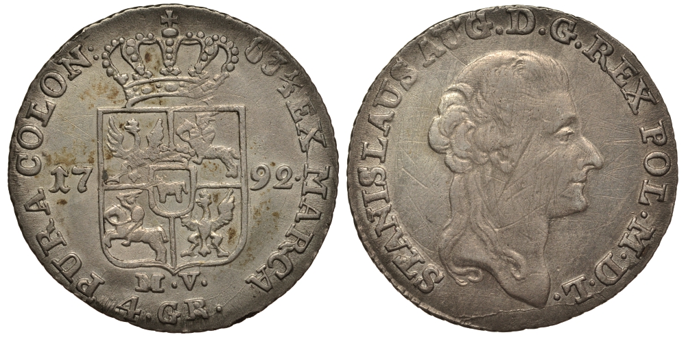 Польша 4 гроша (1 злотый) 1792 MV, Станислав Август Понятовский (1764-1795), вес 5,35 гр.KM 208.1 (С51) серебро 1516-1022