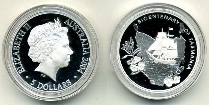 АВСТРАЛИЯ 5 ДОЛЛАРОВ 2004 200 ЛЕТ ОТКРЫТИЯ ТАСМАНИИ - ПАРУСНИК Ш2