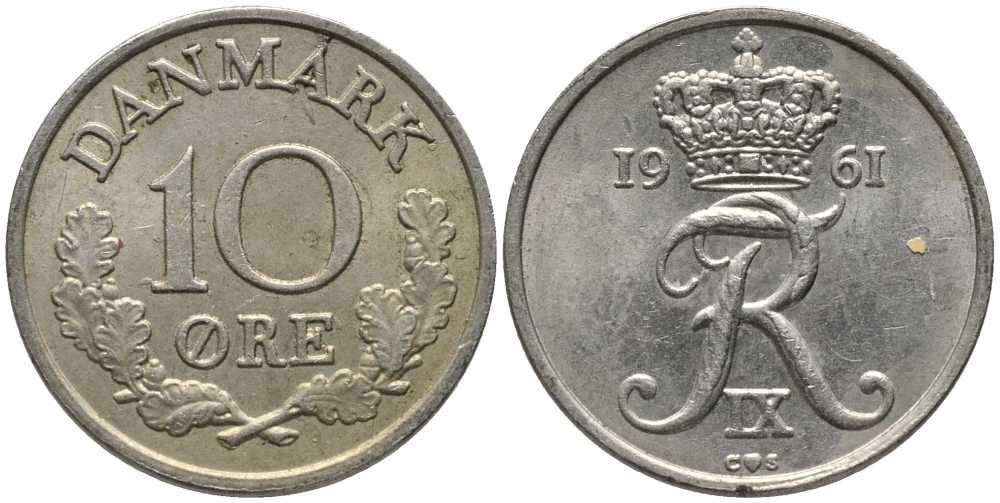 ДАНИЯ 10 ЭРЕ 1961 C; S, ФРЕДЕРИК IX (1947-1972) KM 841.3 медно-никель 116-221