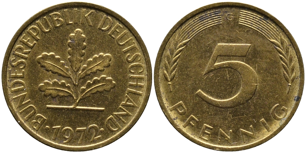 ФРГ 5 ПФЕННИГОВ 1972 G KM 107, J.382 сталь плакированная латунью 4178-254