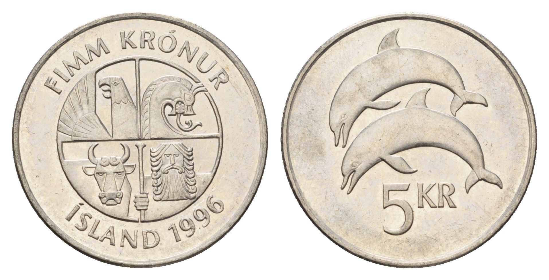 Исландия 5 крон 1996 дельфины KM 28a сталь плакированная никелем UNC 4586-437