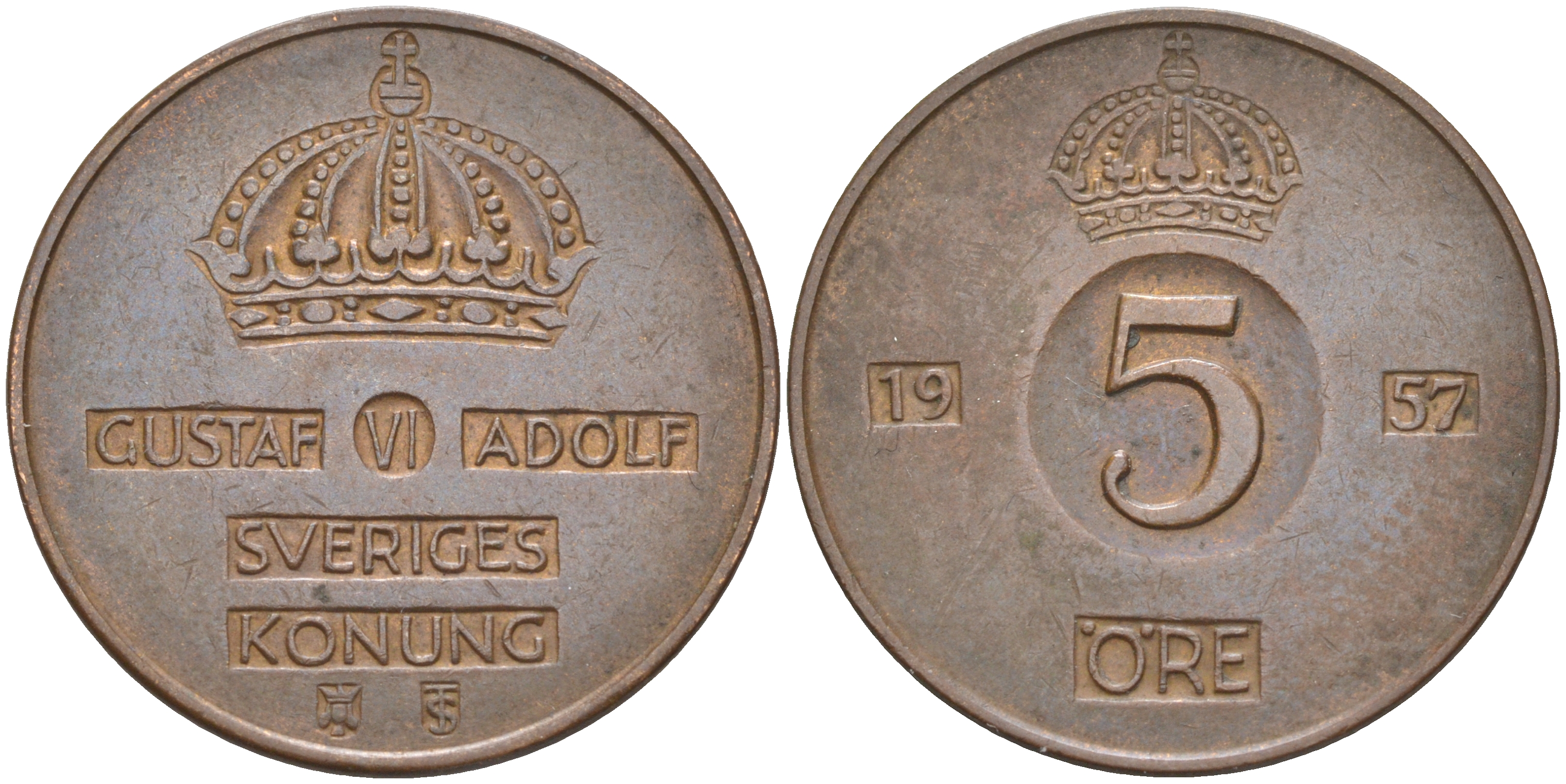 Швеция 5 эре 1957 TS, Густав VI Адольф (1950-1973) KM 822 бронза 98-224