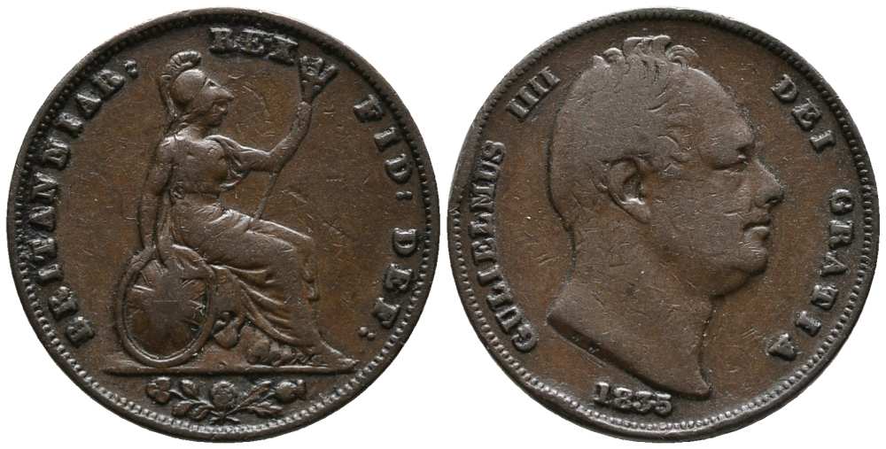 Великобритания 1 фартинг 1835 Вильгельм IV (1830-1837) KM 705, Spink 3848 медь 1518-414