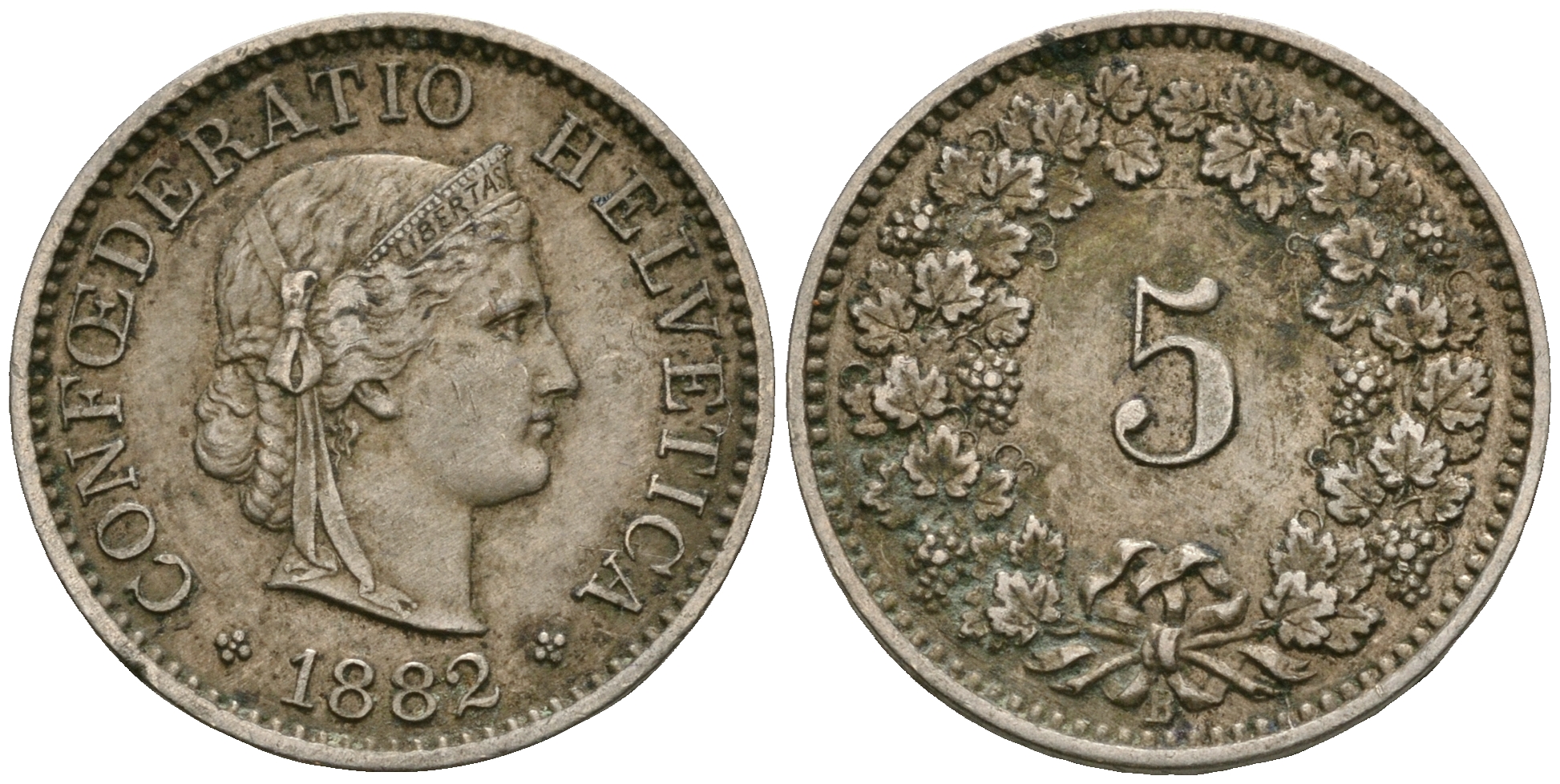 Швейцария 5 раппенов 1882 KM 26 медно-никель 4608-1012