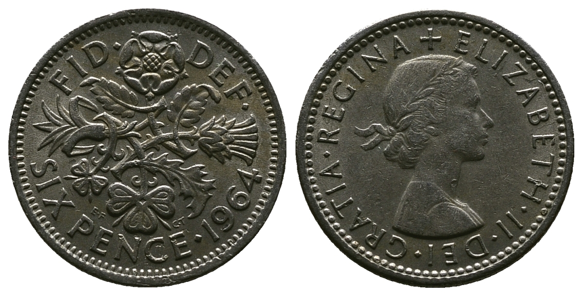 Великобритания 6 пенсов 1964 Елизавета II (1952-2022) KM 903, Spink 4149 медно-никель 4381-818