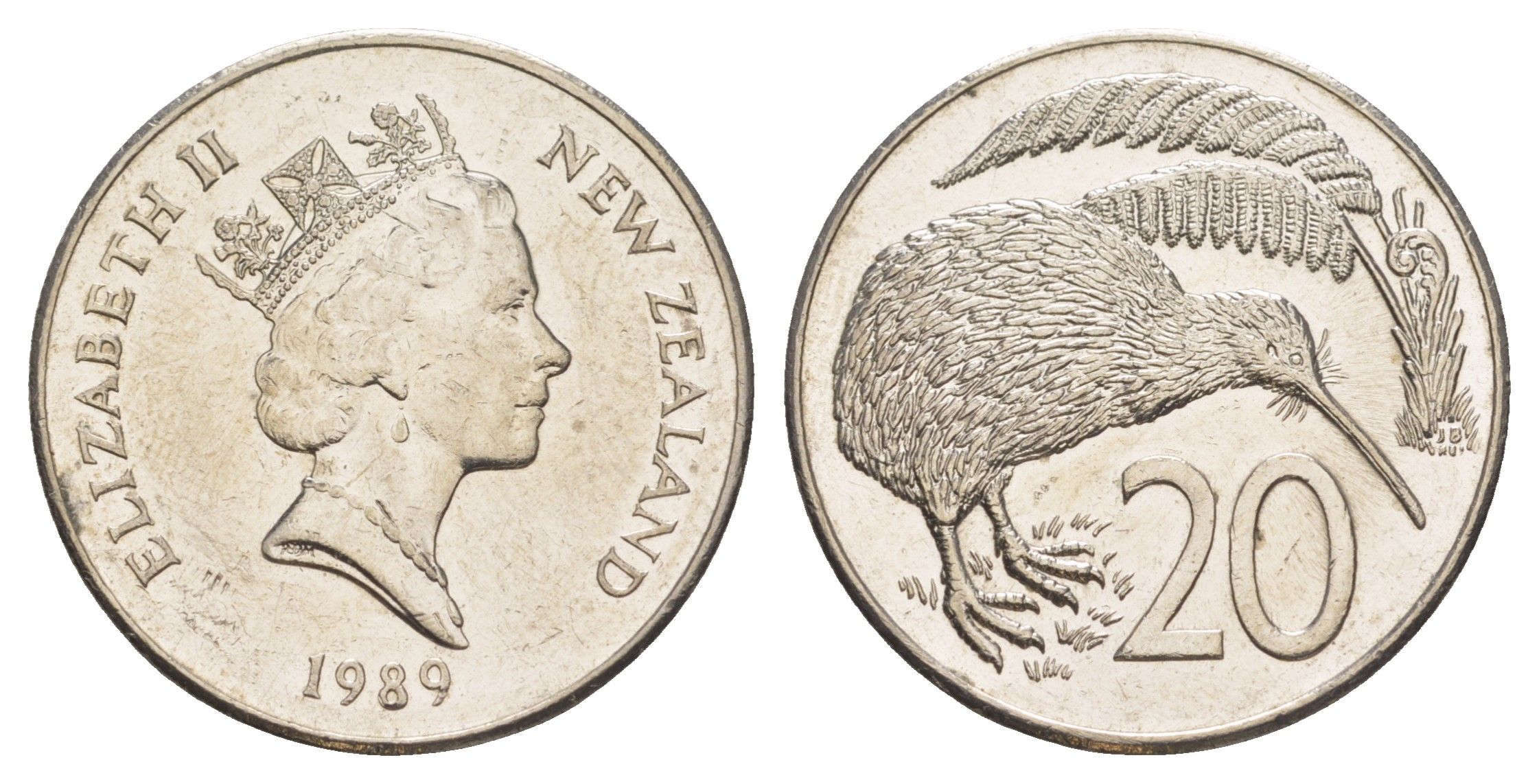 Новая Зеландия 20 центов 1989 Елизавета II (1952-2022), птичка киви KM 62 медно-никель 86-1543