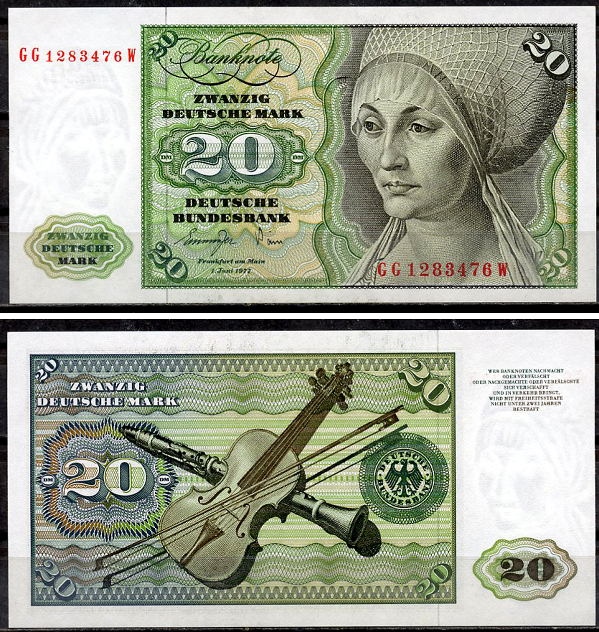 ФРГ 20 марок 1977 Эльсбет Тухер (Альбрехт Дюрер), скрипка, кларнет Pick 32 b  бумага  aUNC 451-918-2