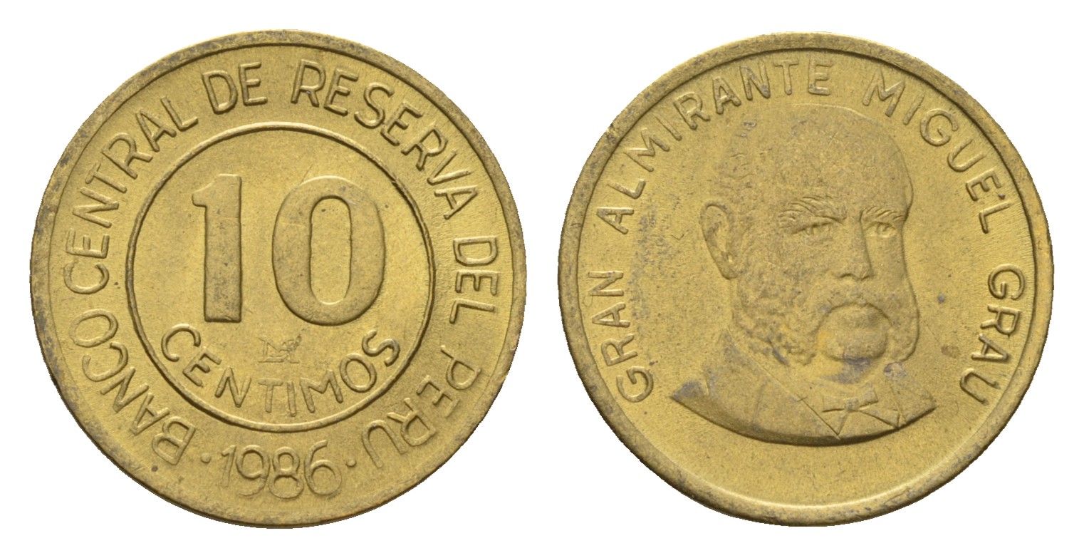 Перу 10 сентимо 1986 Мигель Грау Семинарио KM 293 латунь UNC 4615-119