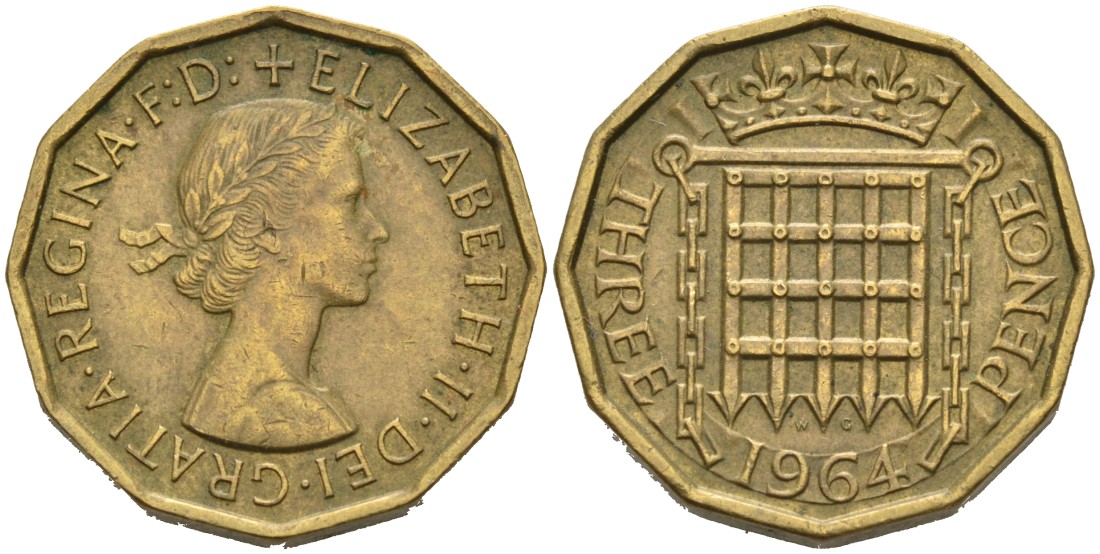 Великобритания 3 пенса 1964 Елизавета II (1952-2022) KM 900, Spink 4153 никель латунь 4561-1035