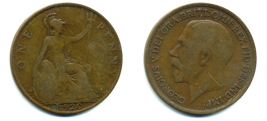 Великобритания 1 пенни 1920 Георг V (1910-1936) KM 810, Spink 4051 бронза 41-324