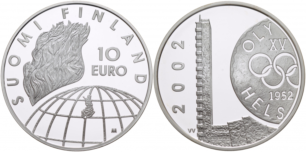 Финляндия 10 евро 2002 50 лет Олимпиаде 1952 года в Хельсинки KM 107 серебро PROOF 11-262-21