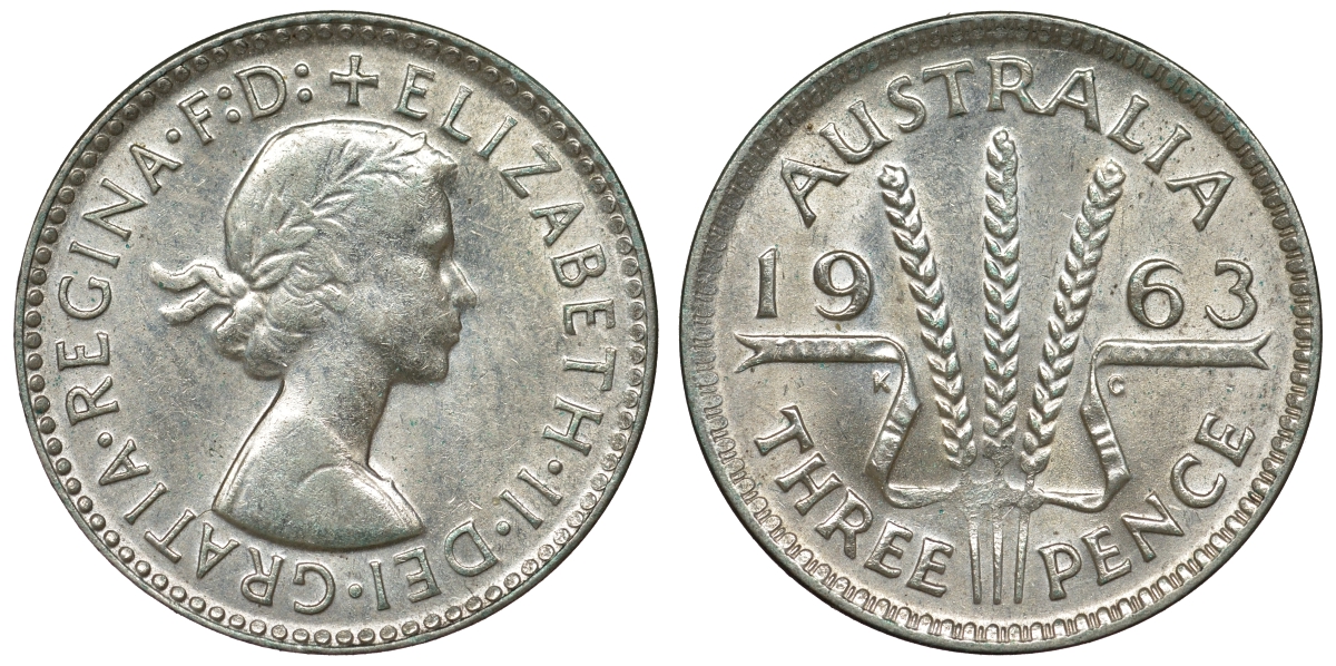 Австралия 3 пенса 1963 m, Елизавета II (1952-2022) KM 57 серебро 71-834