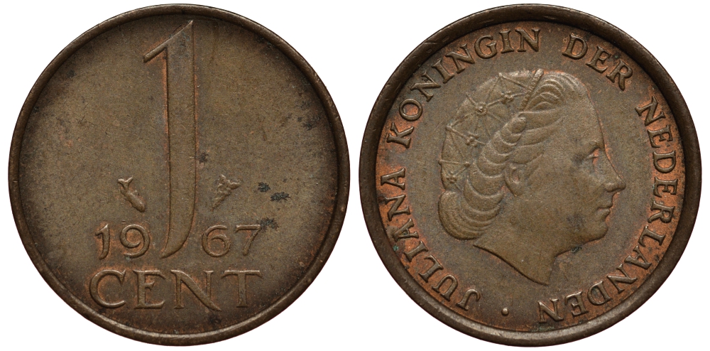 НИДЕРЛАНДЫ 1 ЦЕНТ 1967 KM 180 бронза VG 4181-228