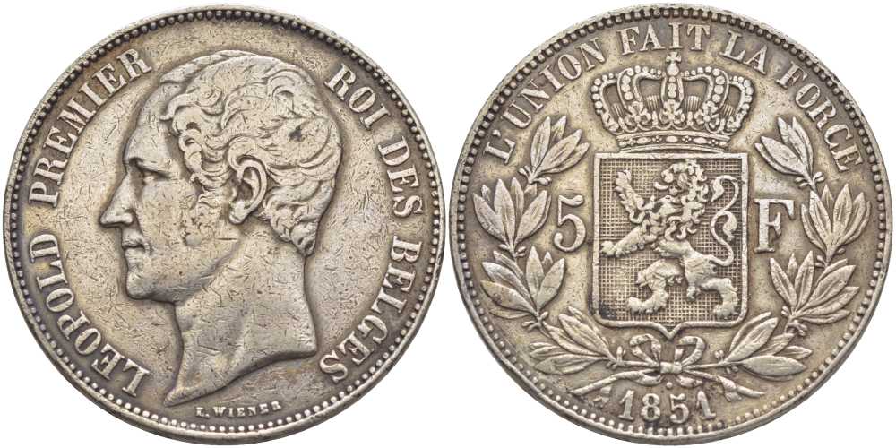 Бельгия 5 франков 1851 Леопольд I (1831-1865), без точки над датой KM 17 серебро 5010-822