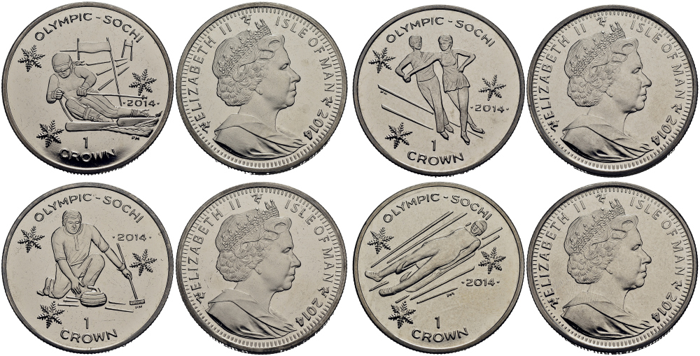Остров Мэн 1 крона 2014 Зимние Олимпийские игры 2014 года в Сочи, коллекция из четырех монет KM NEW медно-никель UNC M94-07