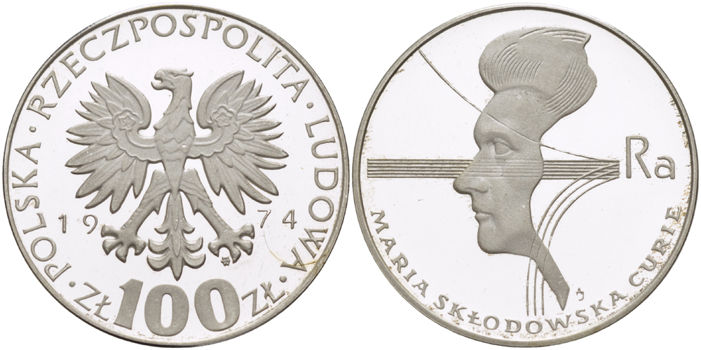 Польша 100 злотых 1974 MW, 40 лет со дня смерти Марии Склодовской-Кюри (1867-1934) KM 71, Parchimowicz 270 серебро PROOF 1084-10-43