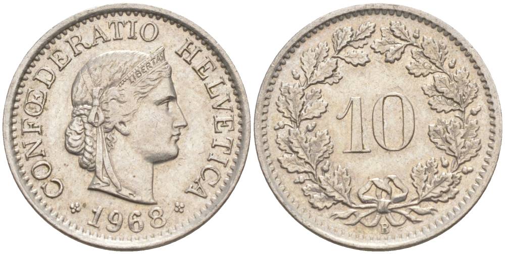 ШВЕЙЦАРИЯ 10 РАППЕНОВ 1968 В KM 27 медно-никель 55-356