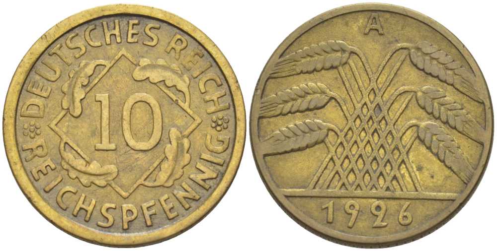 ГЕРМАНИЯ 10 РЕЙХСПФЕННИГОВ 1926 A KM 40, J. 317, Weege 9 алюминиевая бронза 210-352