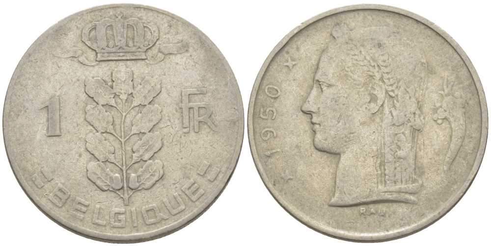 БЕЛЬГИЯ 1 ФРАНК 1950 BELGIQUE, ЛЕОПОЛЬД III (1934-1950) KM 142.1 медно-никель 119-432