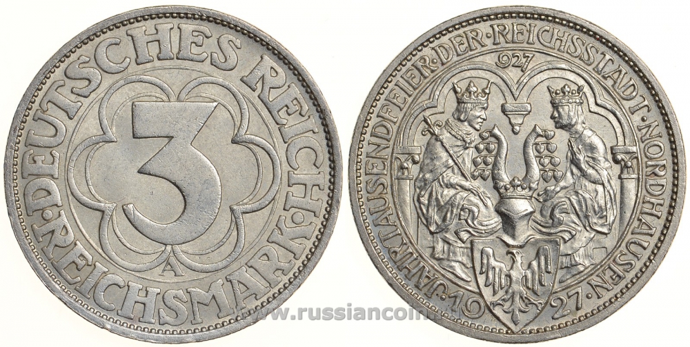 Германия 3 марки 1927 A, 1000 летие основания Нордхаузена J. 327, KM 52 серебро 00-000-00