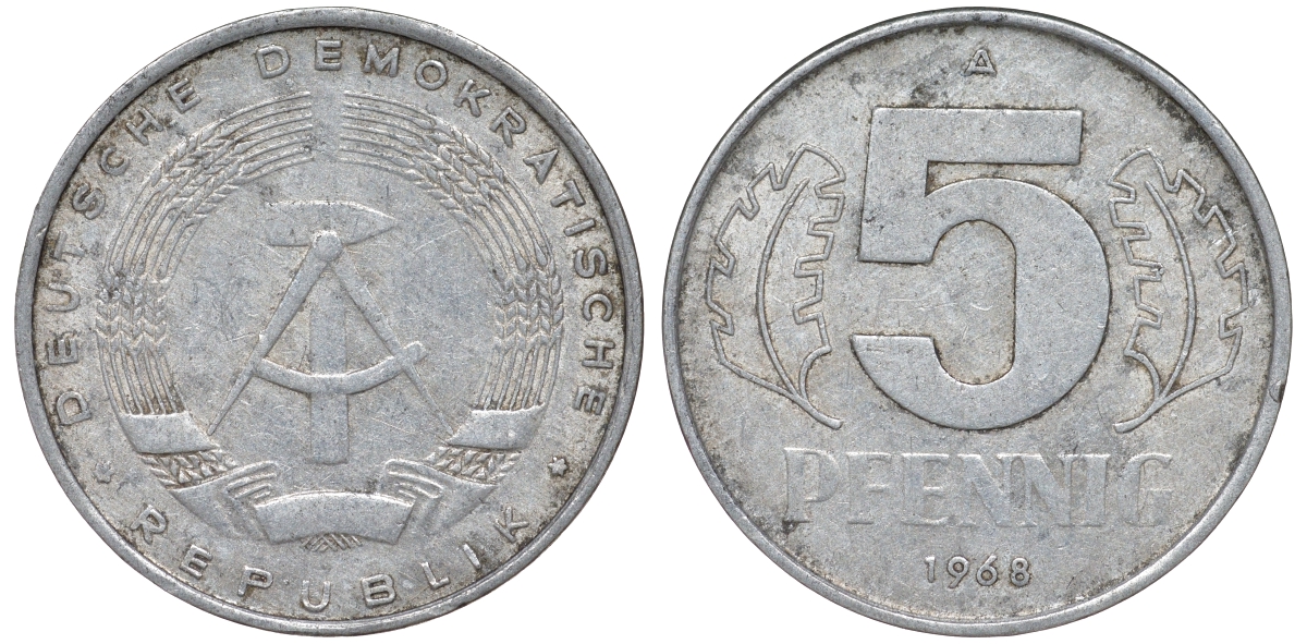 ГДР 5 пфеннигов 1968 A KM 9.1 алюминий 62-222