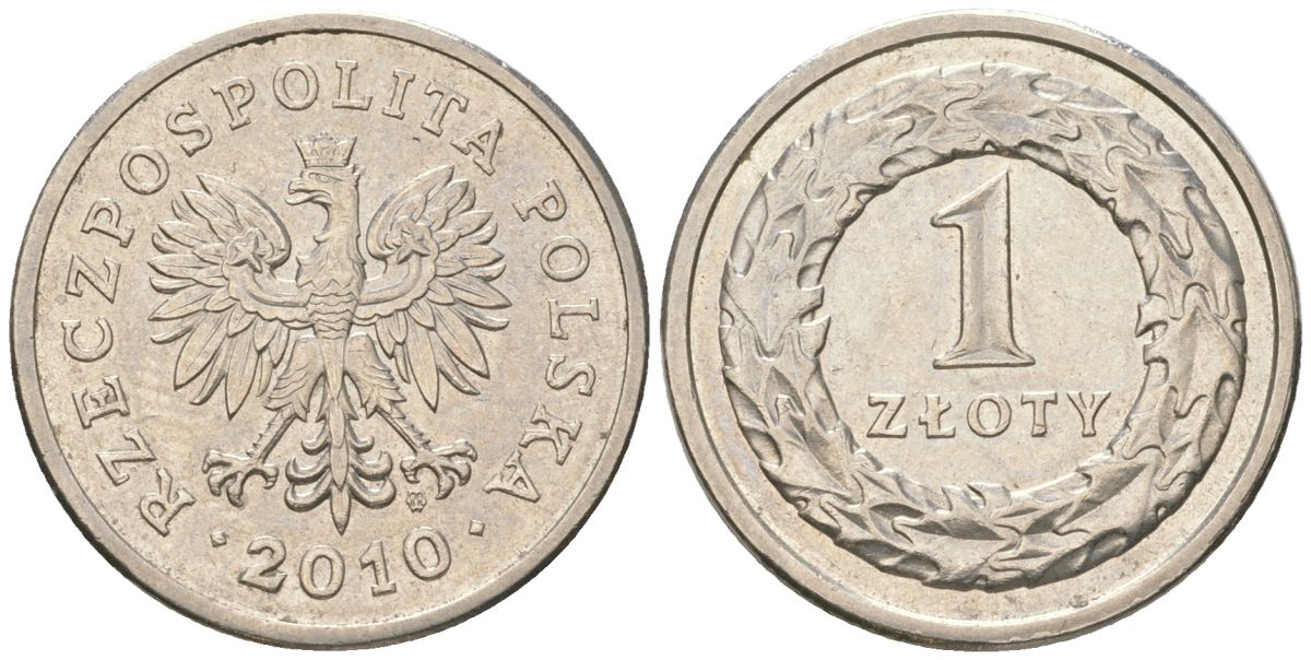 Польша 1 злотый 2010 MW, самый редкий год выпуска - 3.000.000 Y 282 медно-никель aUNC 4617-1215