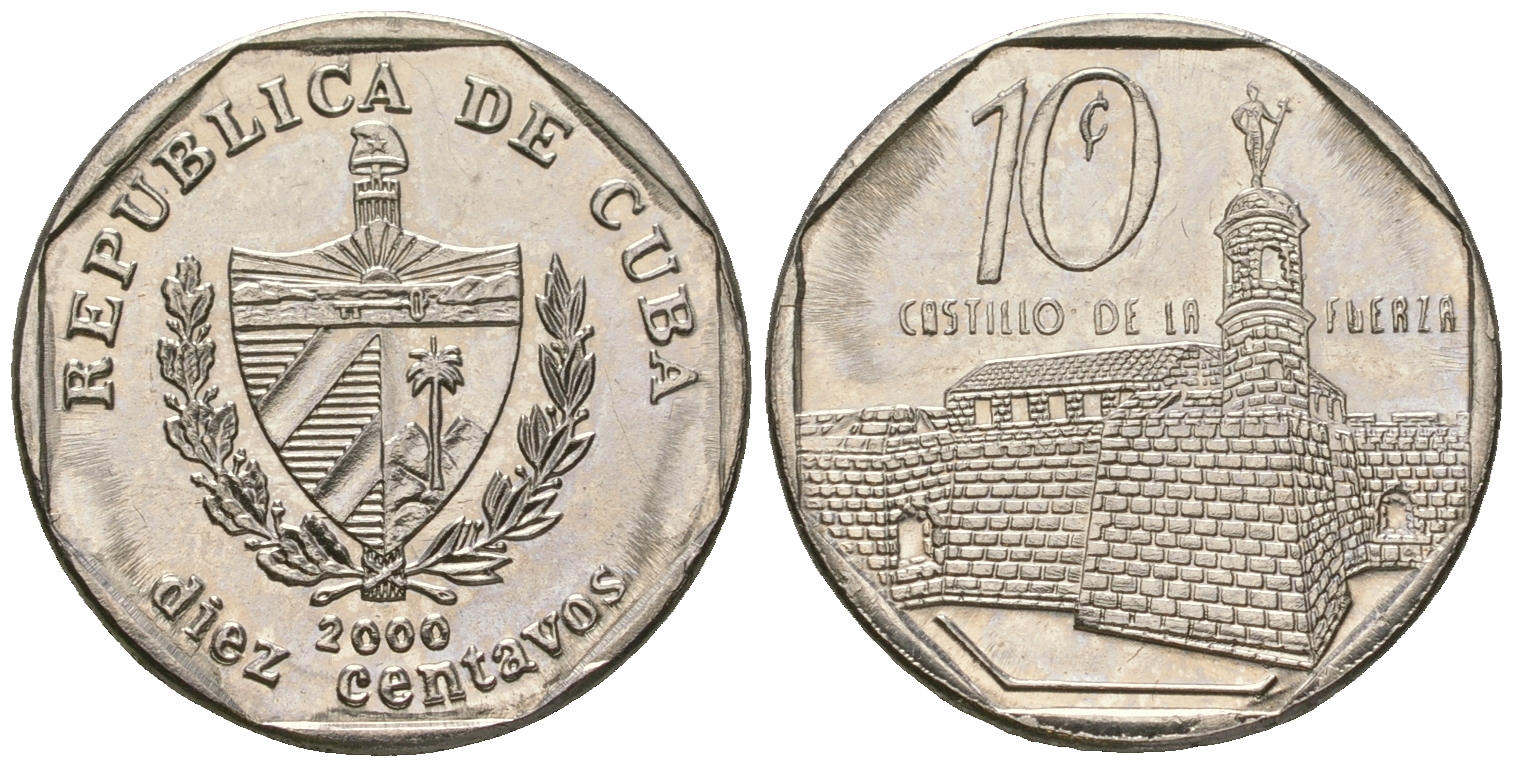 Куба 10 сентаво 2000 форт в Гаване Ла-Фуэрса KM 576.2 сталь плакированная никелем UNC 4528-1021