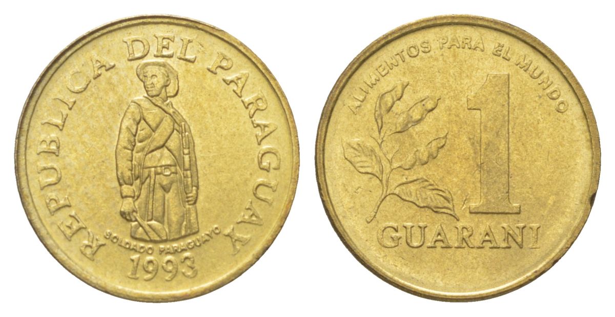 Парагвай 1 гуарани 1993 KM 192 сталь плакированная латунью UNC 4625-151