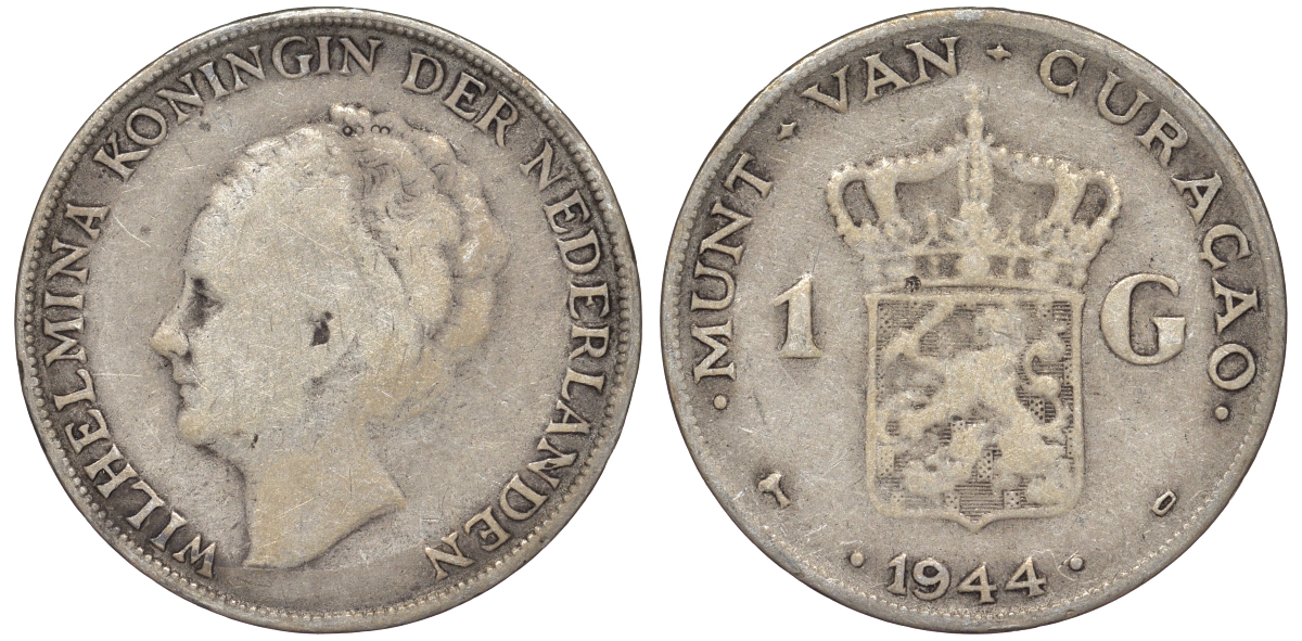 Нидерландское Кюрасао 1 гульден 1944 D, Вильгельмина (1890-1948) KM 45 серебро 36-741