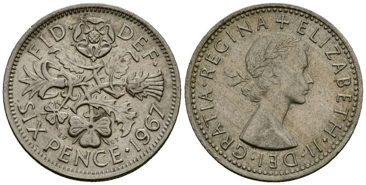 Великобритания 6 пенсов 1967 Елизавета II (1952-2022) KM 903, Spink 4149 медно-никель 4174-217