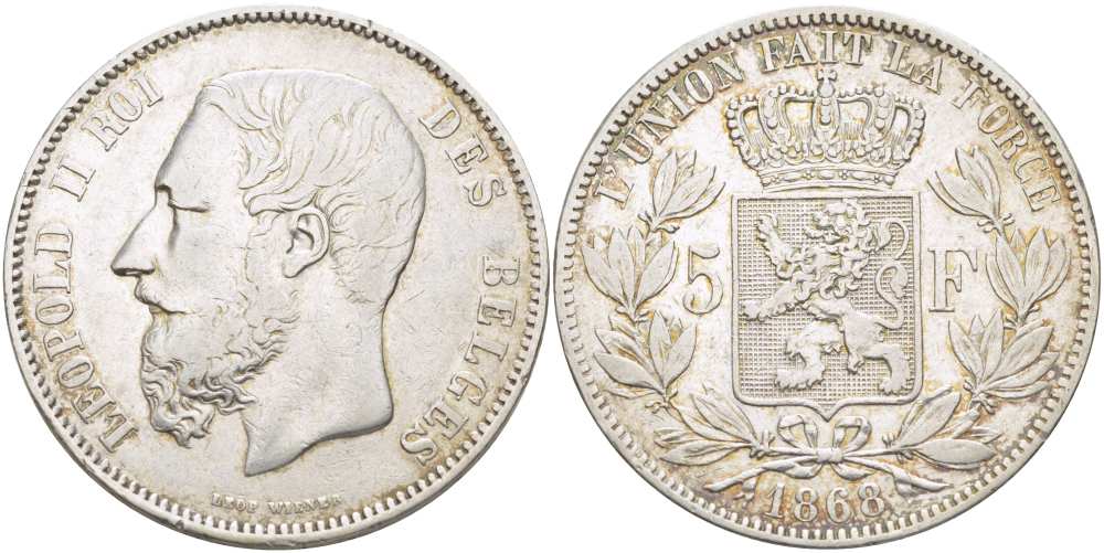 Бельгия 5 франков 1868 Леопольд II (1865-1909) KM 24 серебро 4184-612