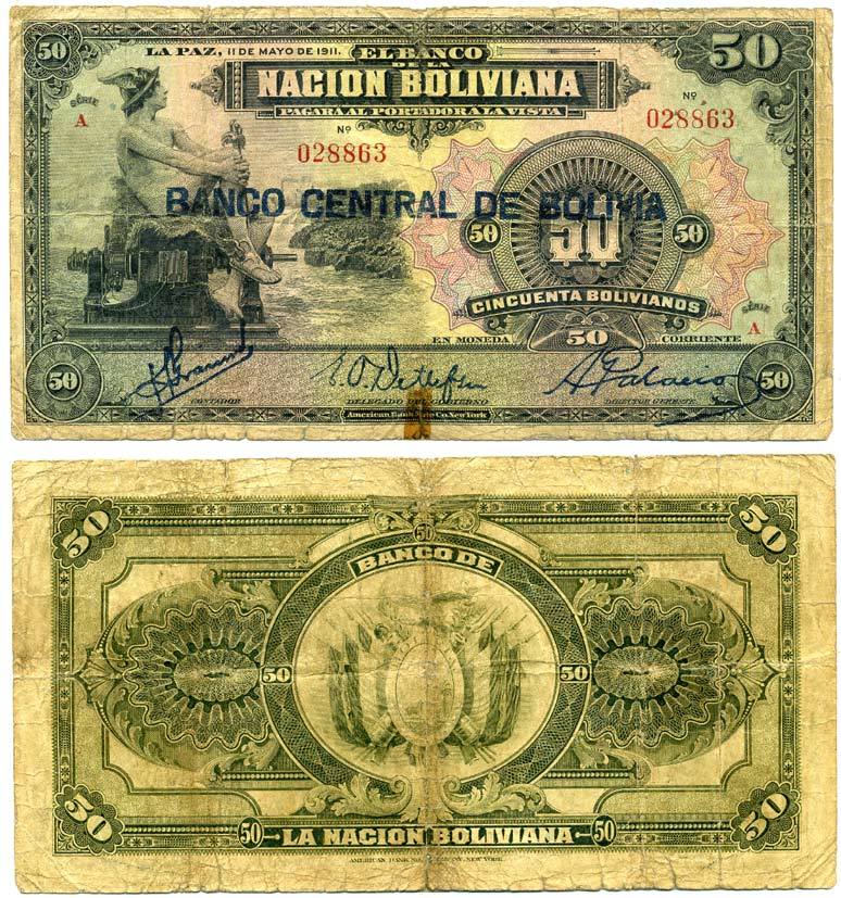 БОЛИВИЯ 50 БОЛИВАНО 1929 красная серия А Pick 116 бумага 7484-81-1