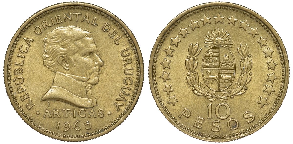 Уругвай 10 песо 1965 KM 48 алюминиевая бронза 4574-945