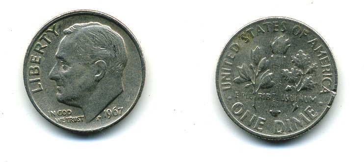 США 10 центов (дайм) 1967 Рузвельт KM 195а медь плакированная медно-никелем 4364-346