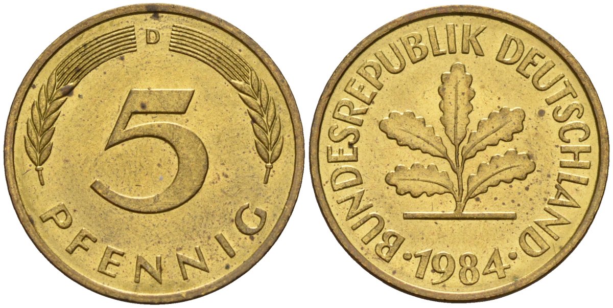 ФРГ 5 пфеннигов 1984 D KM 107, J.382 сталь плакированная латунью 4115-1228