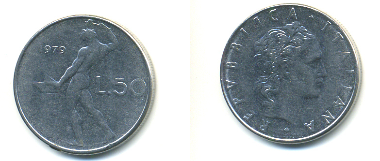 ИТАЛИЯ 50 ЛИР 1979 R, КУЗНЕЦ KM 95.1 нержавеющая сталь 89-716