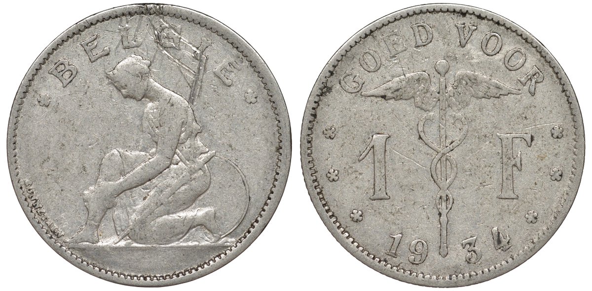 Бельгия 1 франк 1934 Belgie KM 90 никель 51-1845