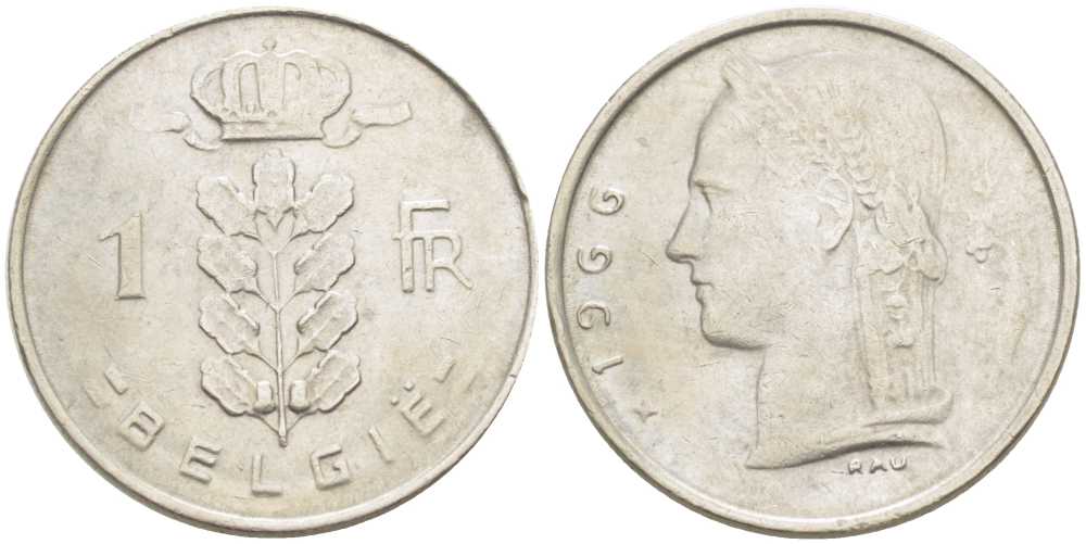 БЕЛЬГИЯ 1 ФРАНК 1966 BELGIE, БОДУЭН I (1951-1993) KM 143.1 медно-никель 213-335