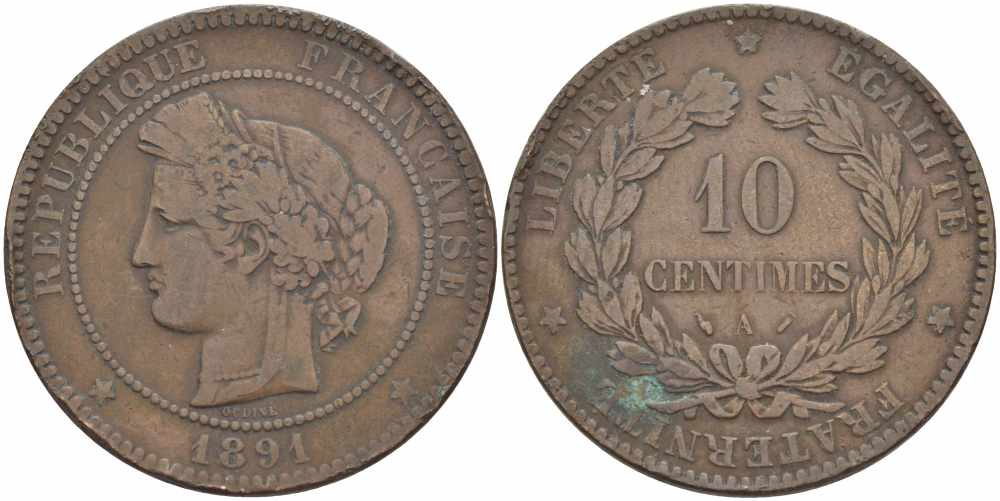 ФРАНЦИЯ 10 САНТИМОВ 1891 A, ТРЕТЬЯ РЕСПУБЛИКА (1871-1940) KM 815.1, LA FRANC 135.36 бронза 82-632