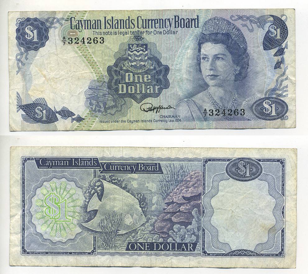 Каймановы острова 1 доллар 1985 Елизавета II (1952-), рыбка, серия А/7 Pick 5f бумага 7548-40-3