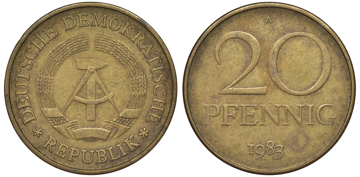 ГДР 20 пфеннигов 1969 А, первый год KM 11 латунь 62-1115